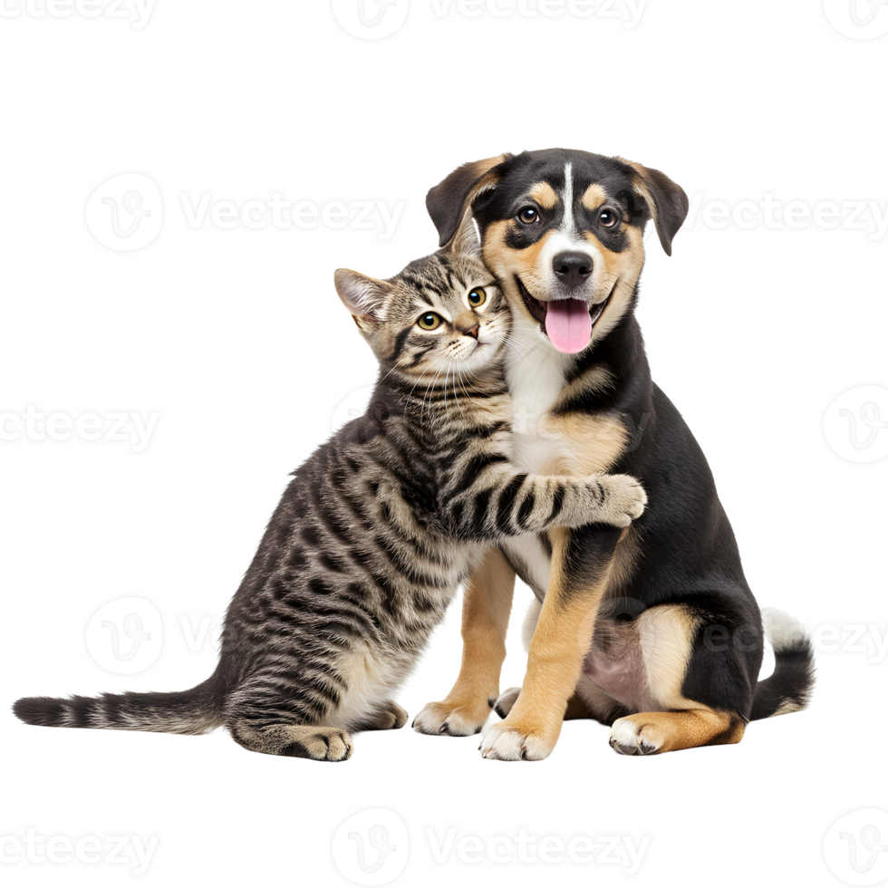 Striped tabby kitten hugging a smiling puppy with its paws on an isolated solid color background transparent background png
