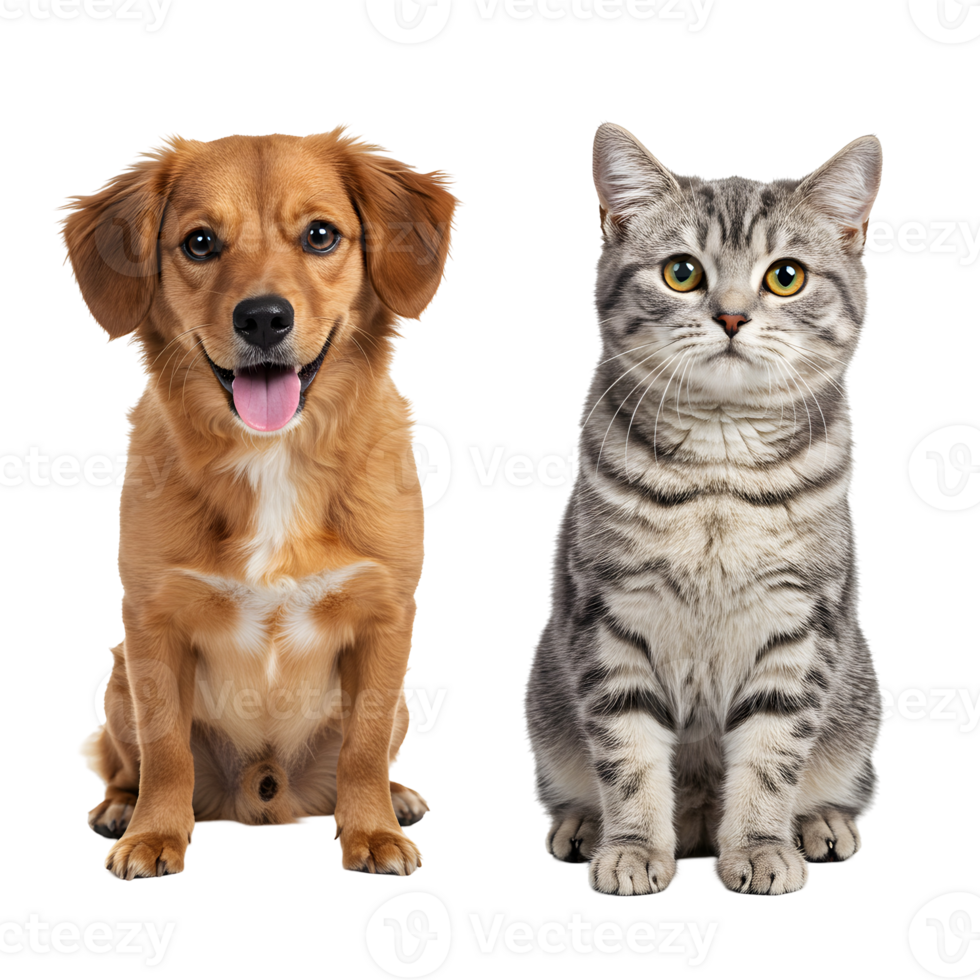 A golden dog with tongue out and a tabby cat sitting side by side in a studio setting isolated transparent background png