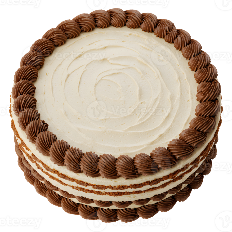 Aerial view of a layered cake with white frosting and chocolate decorations around the top edge of it transparent background png