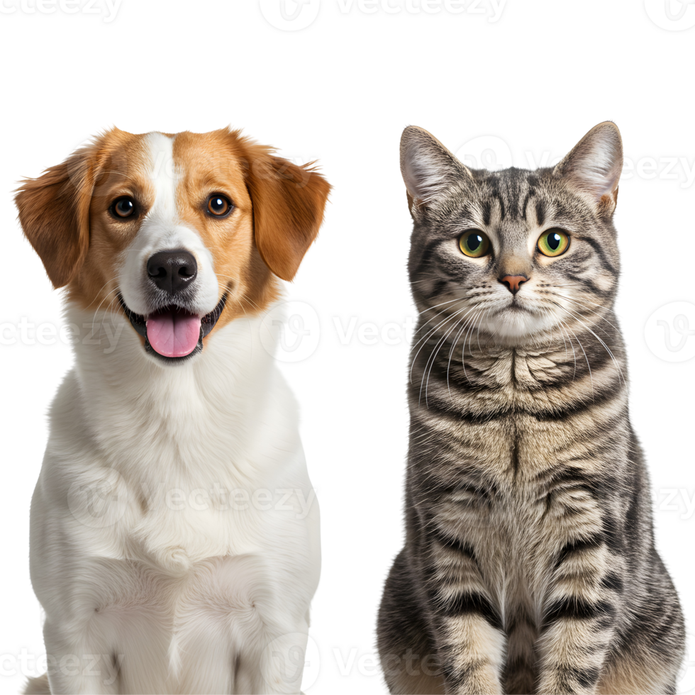 A friendly dog with open mouth and a tabby cat sitting side by side against a plain backdrop image transparent background png