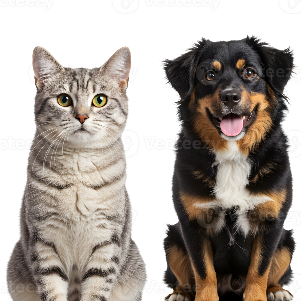A gray tabby cat and a tricolor dog sitting side by side looking at the viewer in a studio shot transparent background png