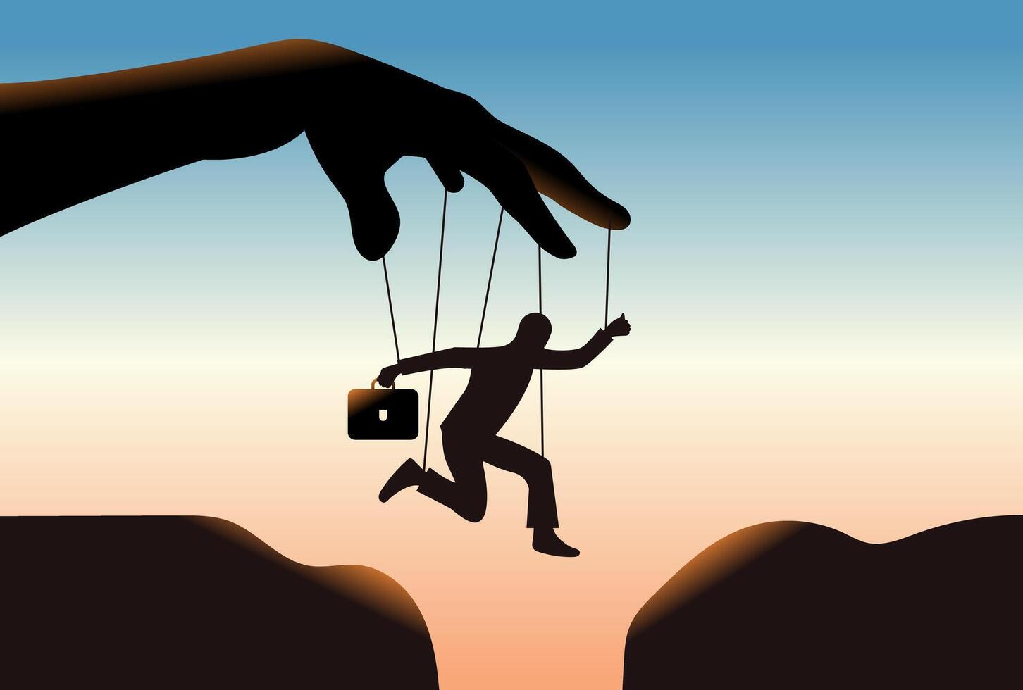 A successful businessman who has become a puppet, symbol of the manipulation, corporate office politics, achieving success career with someone support, a conspiracy syndicate illustration silhouette vector