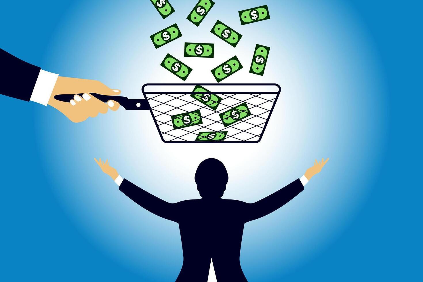 Businessmen can not catch the raining banknotes for third party or middleman manipulation fraud scam concept cash money is not coming due to obstacles, man miss the raining banknote stock illustration vector