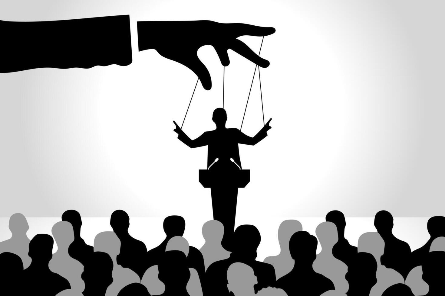 Politician becomes puppet government, corrupt democracy, illegal political party, fraud with peoples crowd, manipulation with global politics, the puppeteer controls election vote stock illustration vector