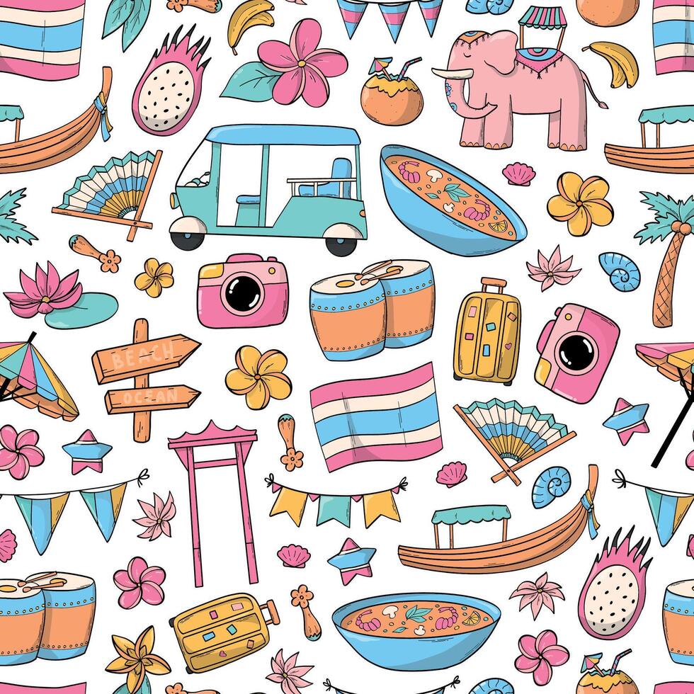 Summer and Thailand theme seamless pattern with doodles for wallpapers, textile prints, scrapbooking, stationery, wrapping paper, backgrounds, etc. EPS 10 vector