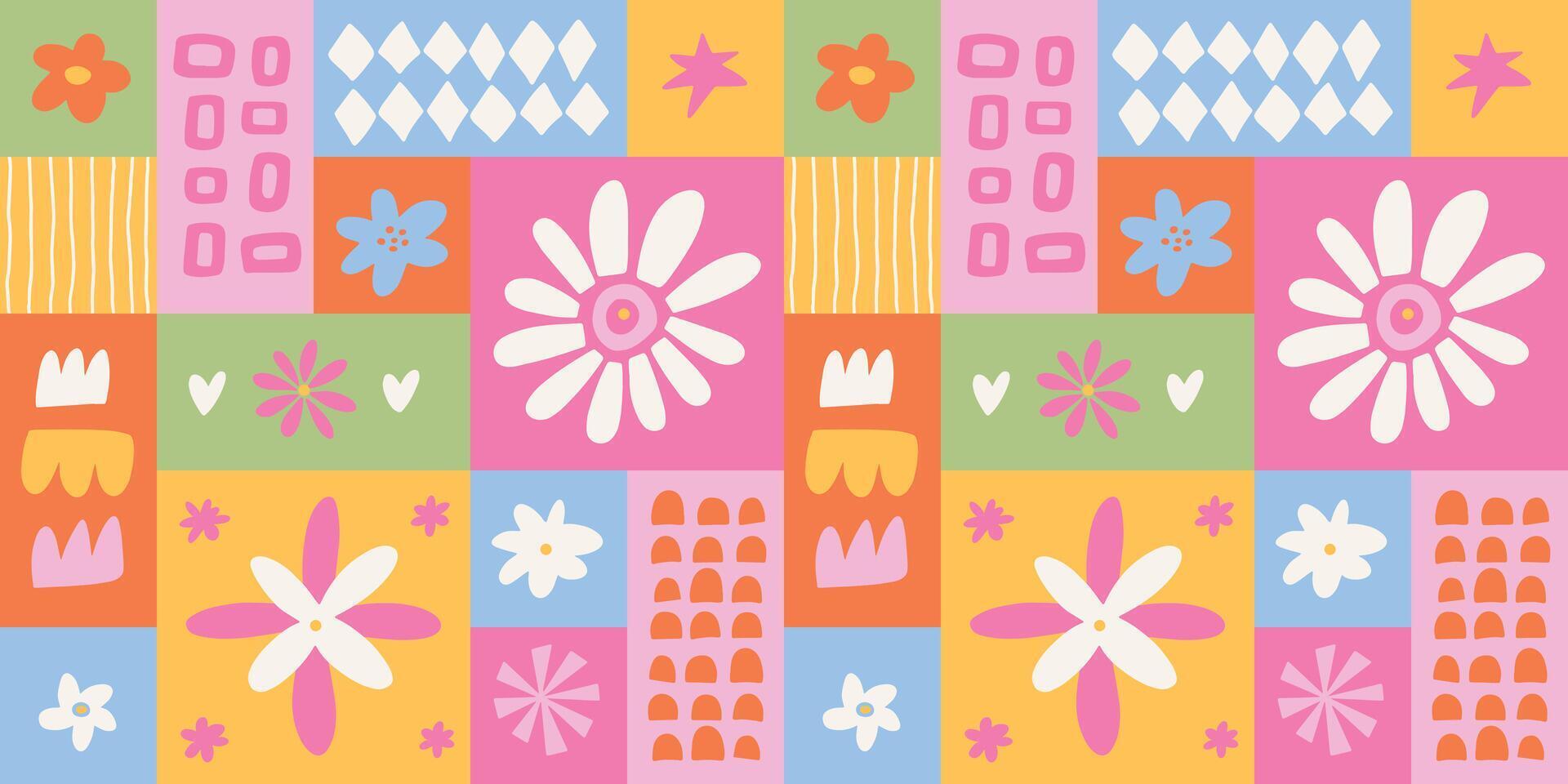 Nursery bauhaus seamless pattern with flowers and abstract shapes for textile prints, wallpaper, wrapping paper, stationery, backgrounds, etc. EPS 10 vector