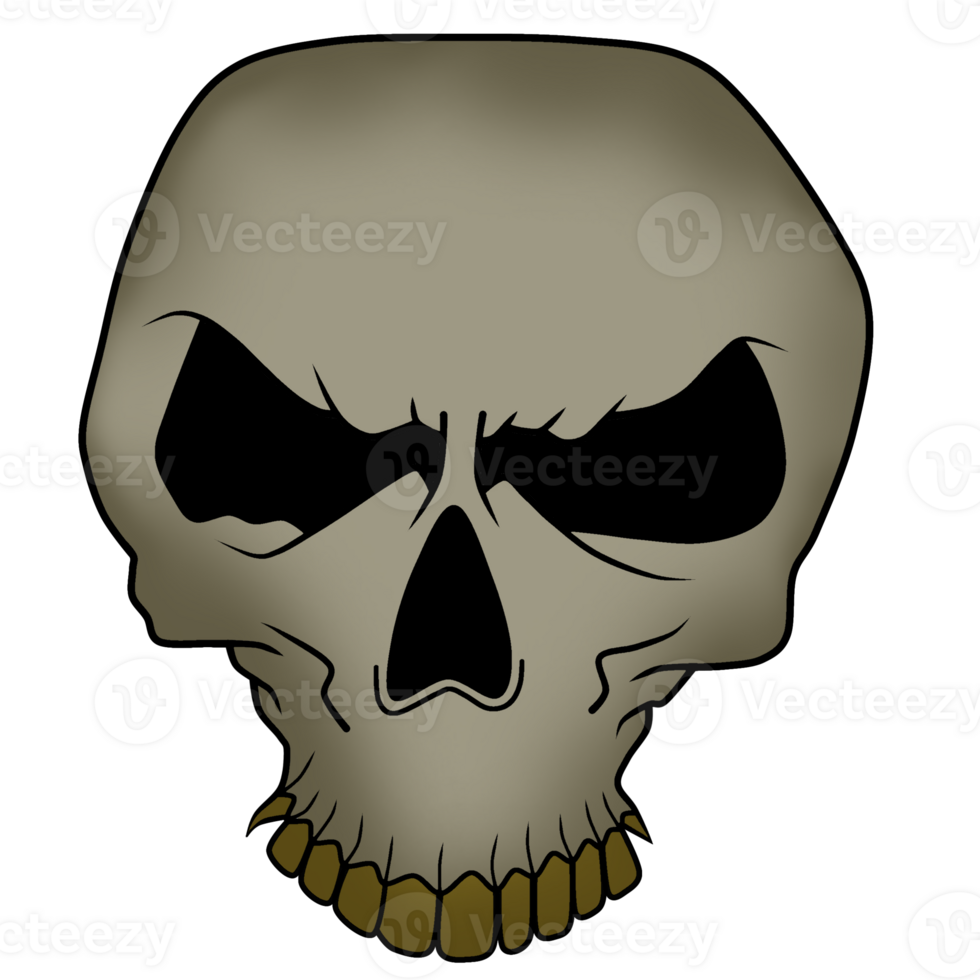A cartoon skull with a yellow tooth png