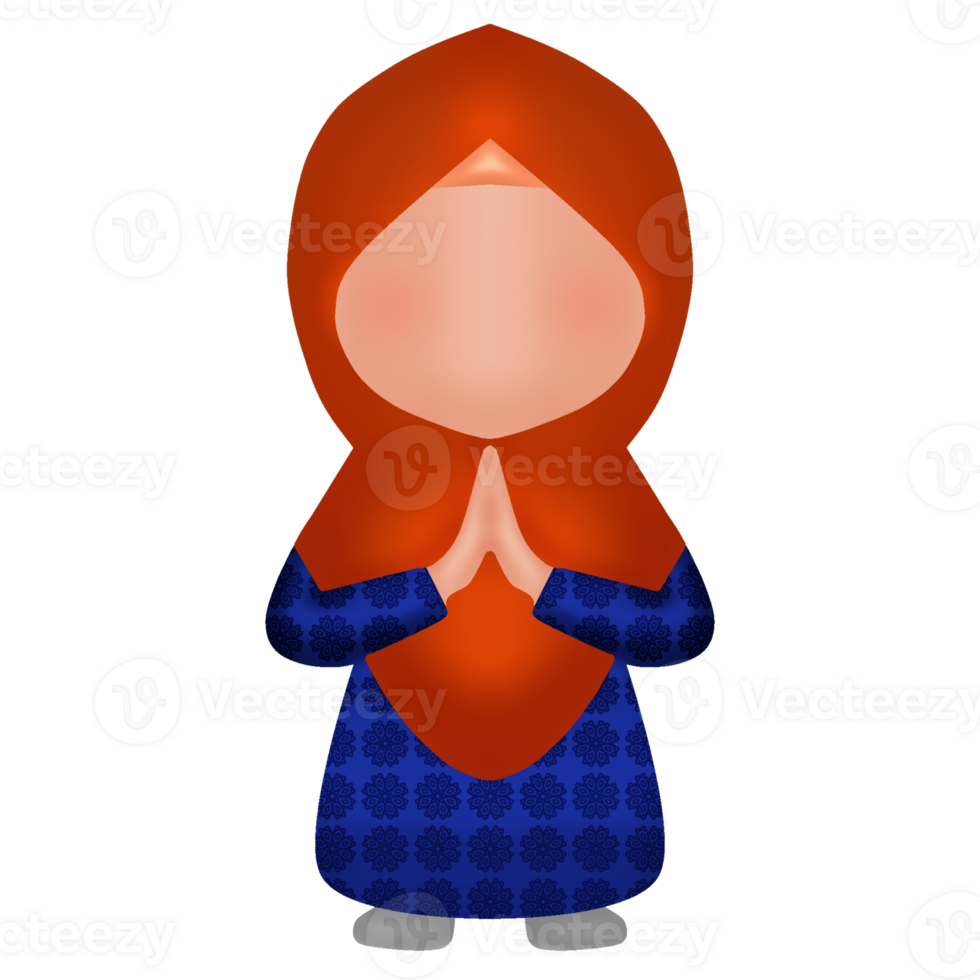 A cartoon muslim woman in a blue dress and red scarf png