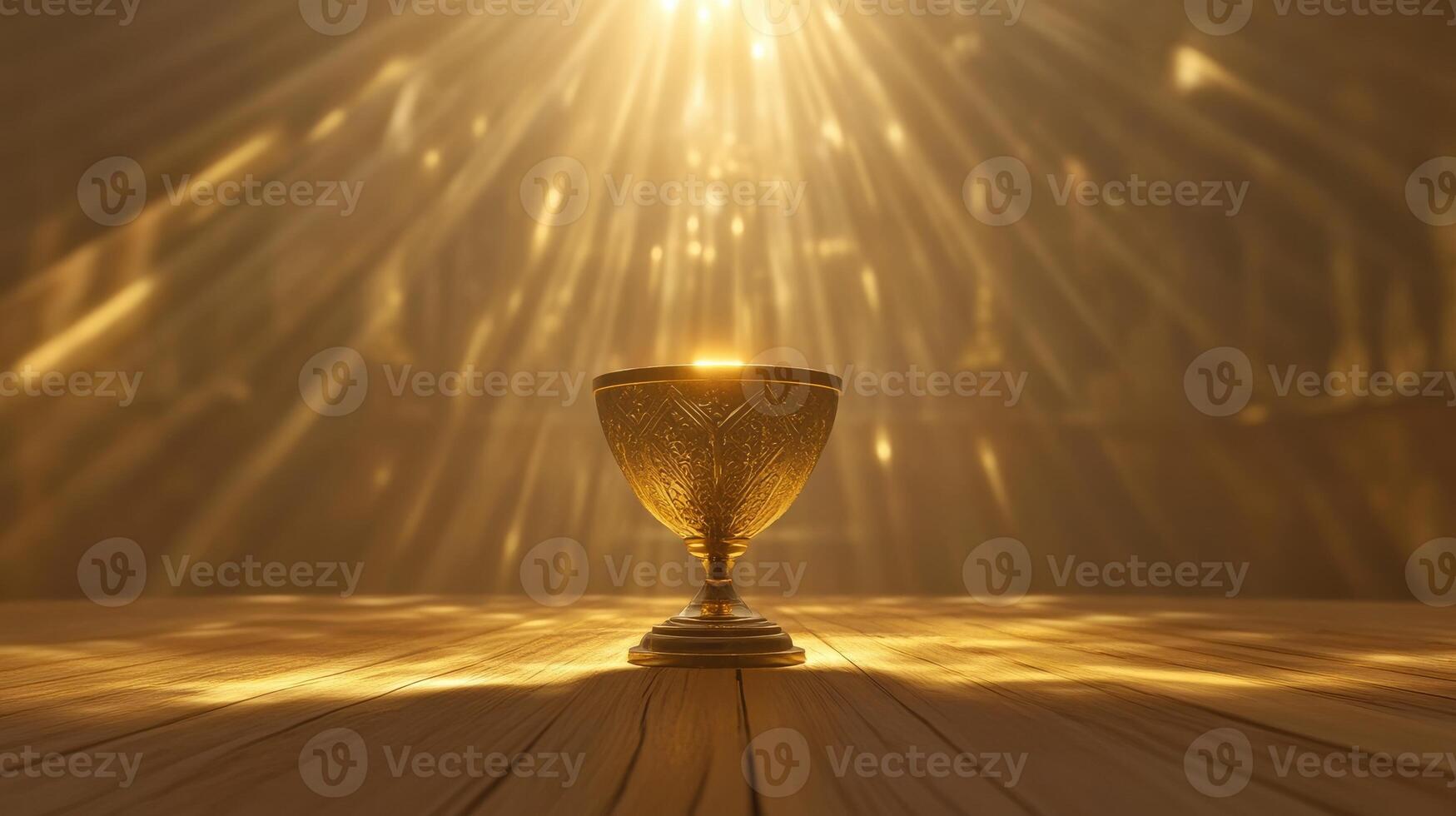 Golden chalice illuminated by radiant light on wooden surface reflecting divinity and mystery photo