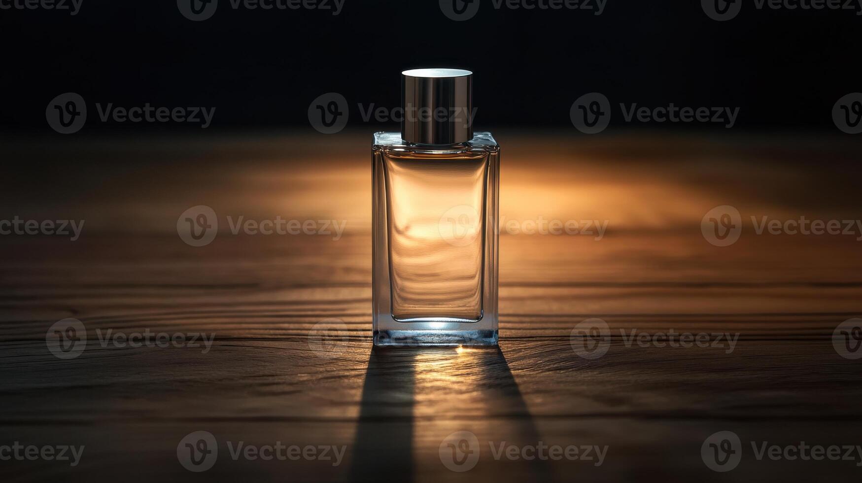 Elegant perfume bottle illuminated on wooden surface highlighting luxurious fragrance concept photo