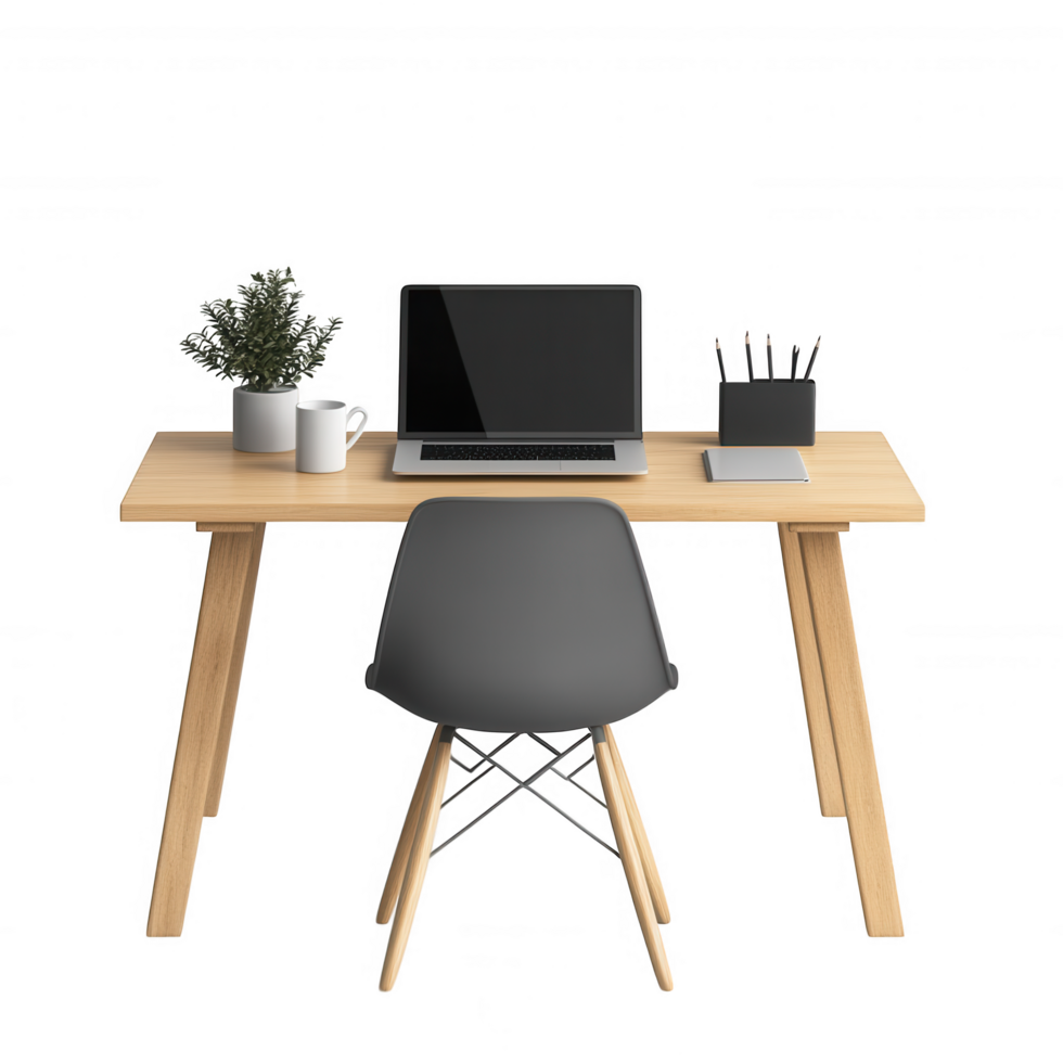modern minimalist home office setup featuring sleek wooden desk with laptop, potted plant, coffee mug, and stationery. This workspace exudes calm and organized atmosphere, perfect for productivity png