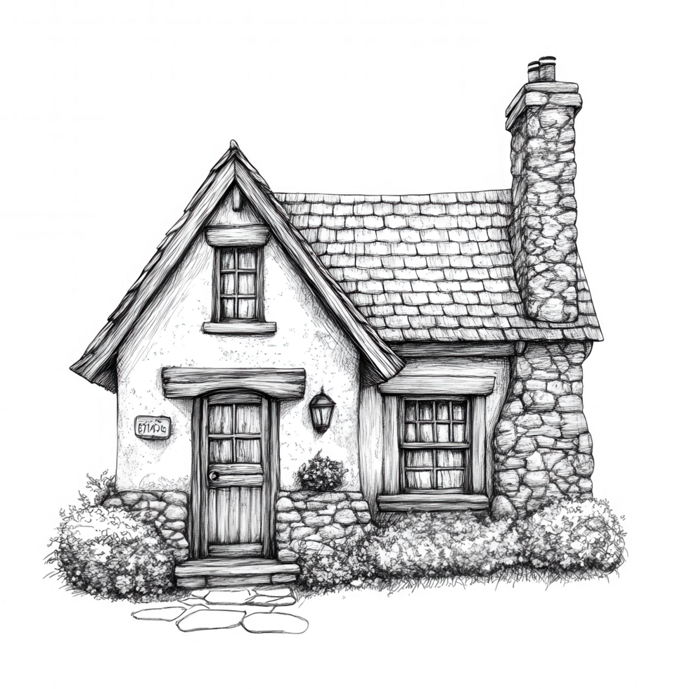 hand drawn pencil sketch of cozy cottage featuring stone chimney, wooden door, and charming windows. uneven edges add rustic feel, evoking warmth and nostalgia png