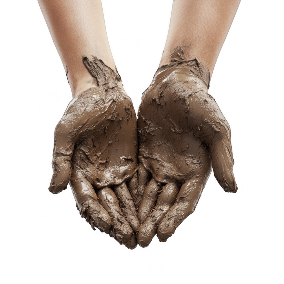 Hands covered in wet clay showcase artistry and creativity involved in sculpting. texture and detail highlight connection between artist and their medium, evoking sense of passion and dedication png
