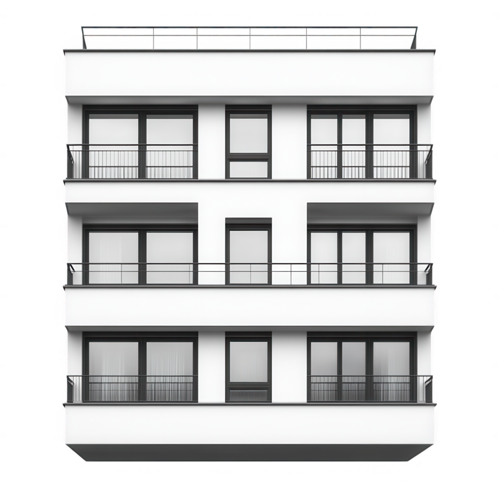 Modern architectural facade featuring asymmetrical windows and clean lines, showcasing minimalist design with focus on symmetry and balance. building structure emphasizes simplicity and elegance png