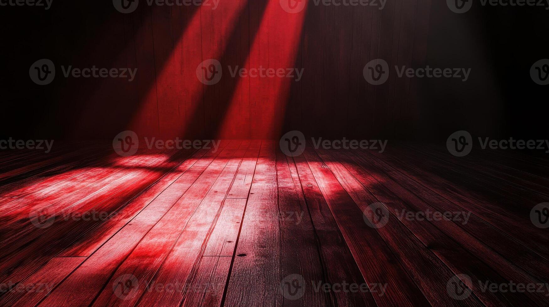 Sunlight streams through window creating dramatic red shadows on wooden floor photo