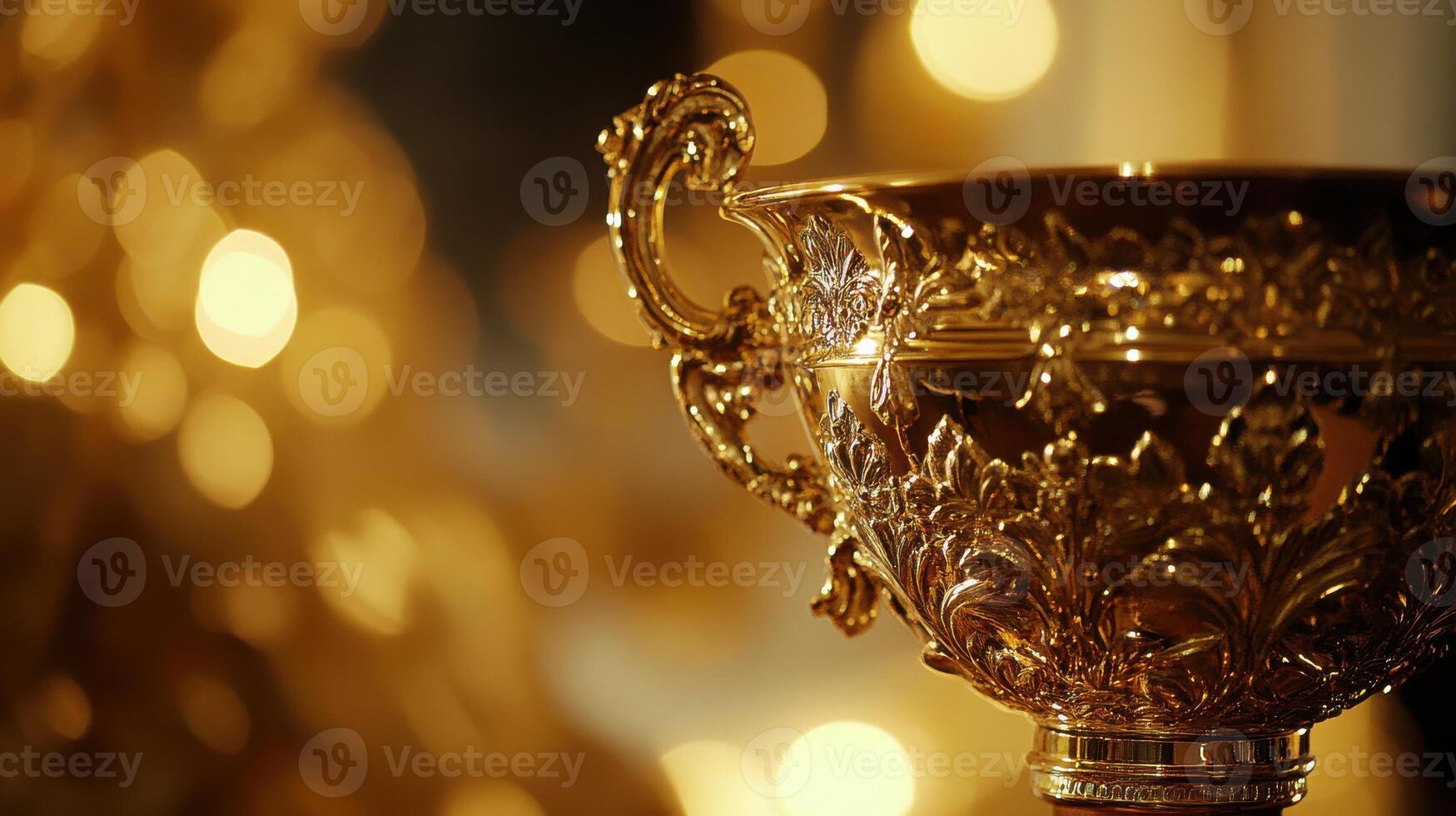 Elegant golden trophy with ornate design in soft focus lighting photo