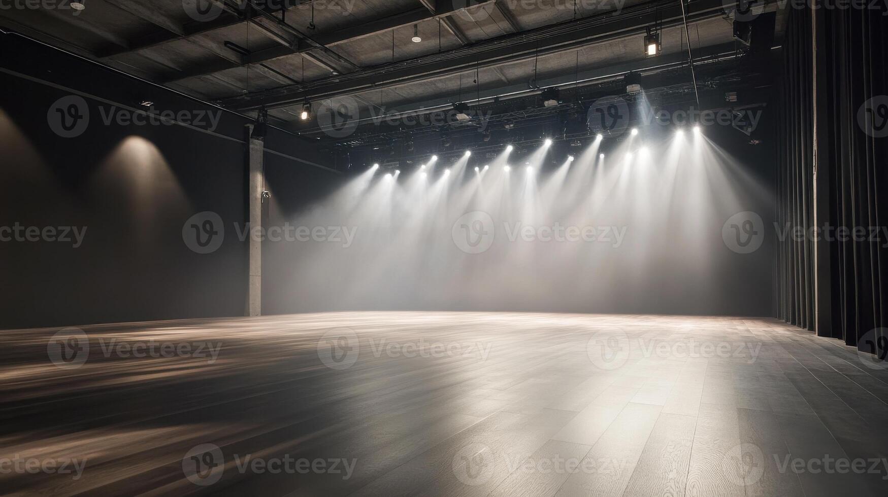 Empty theater stage with overhead lighting creating a dramatic atmosphere photo