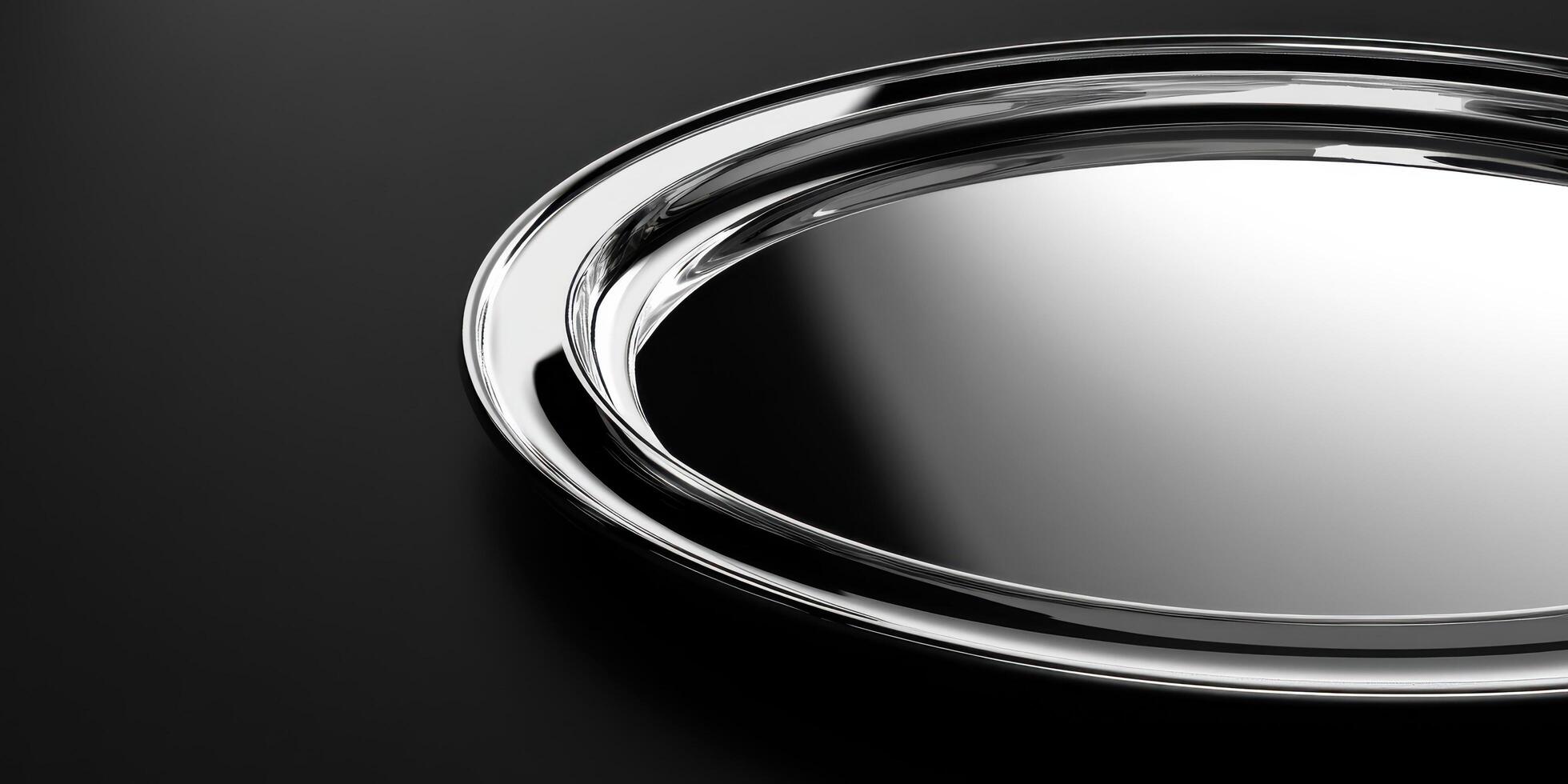 Elegant silver metal circular tray on black background for modern decor and function photo