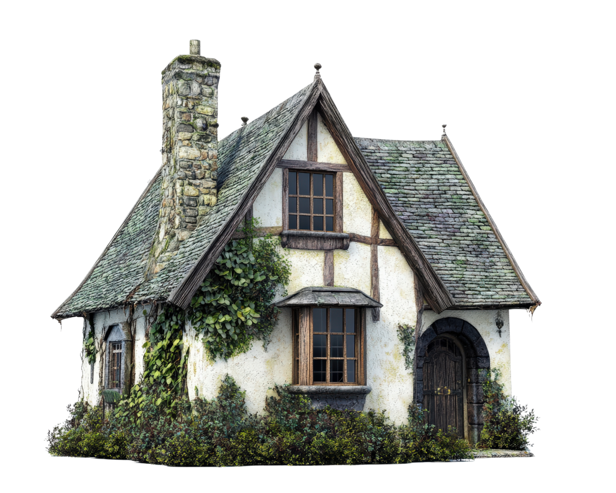 A small cottage with a chimney and a door png