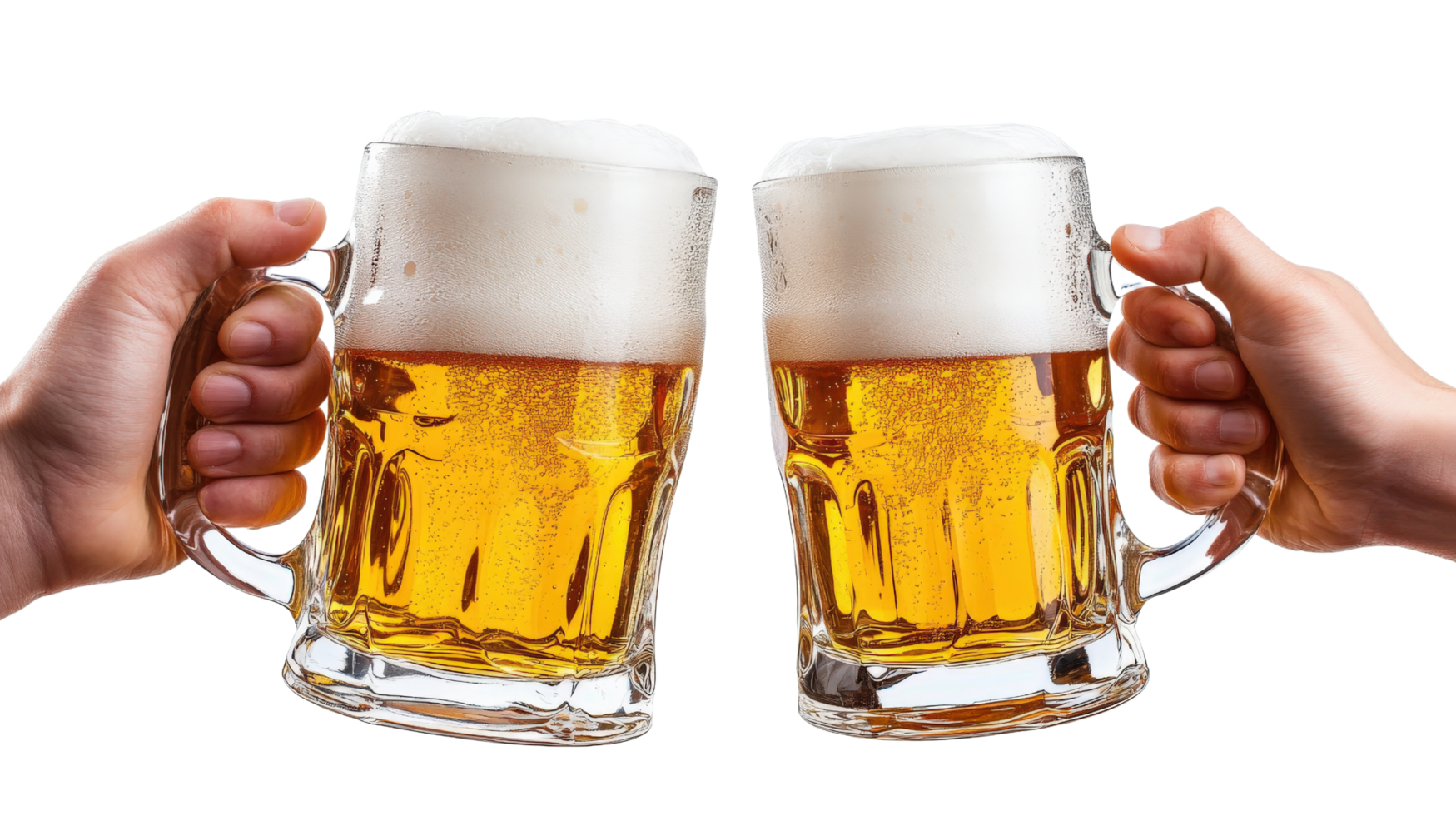 Two hands holding two beer mugs with foam png