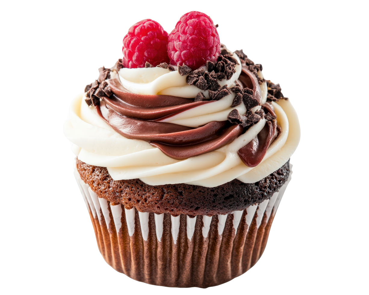 A cupcake with chocolate frosting and raspberries png