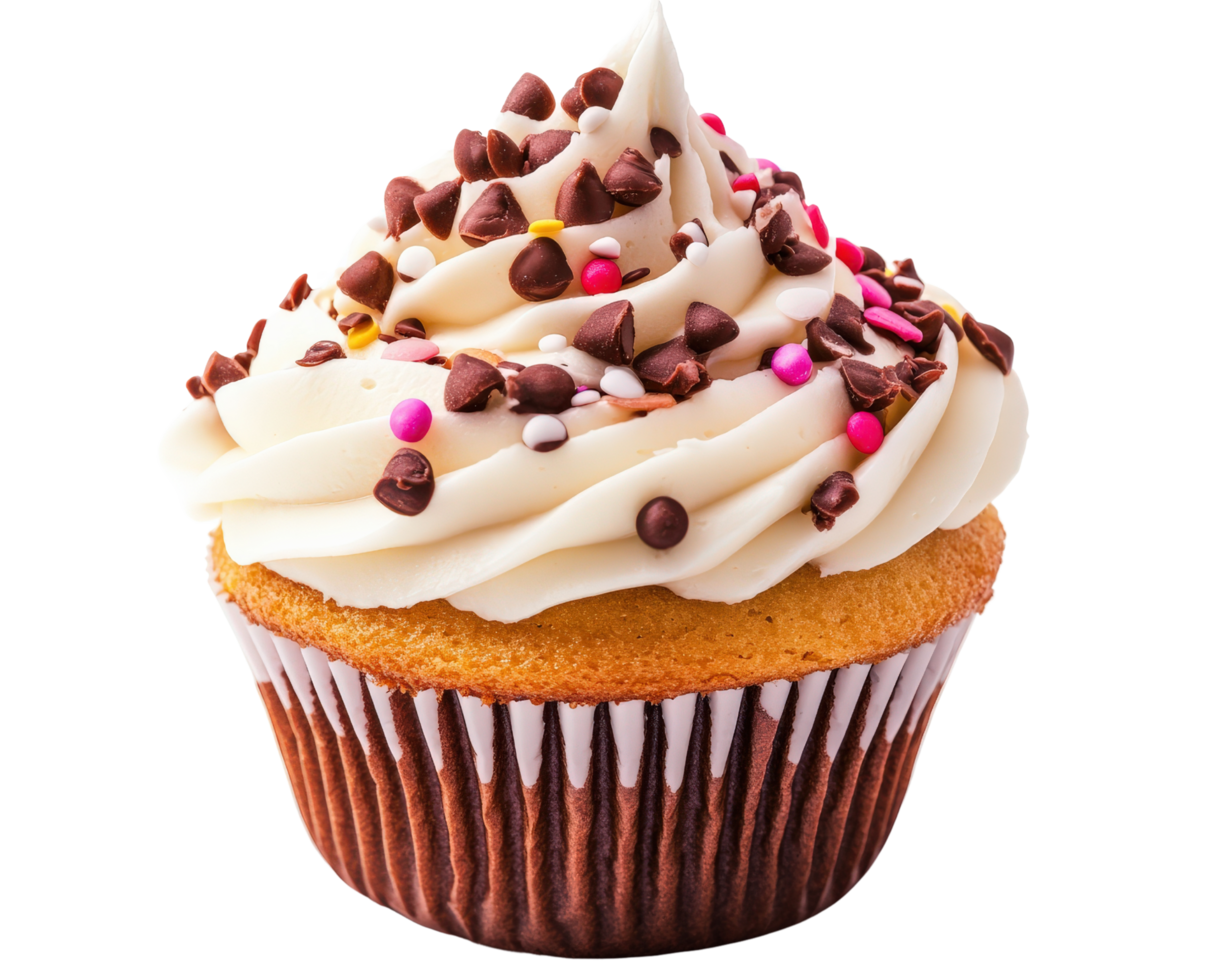 A cupcake with white frosting and sprinkles png
