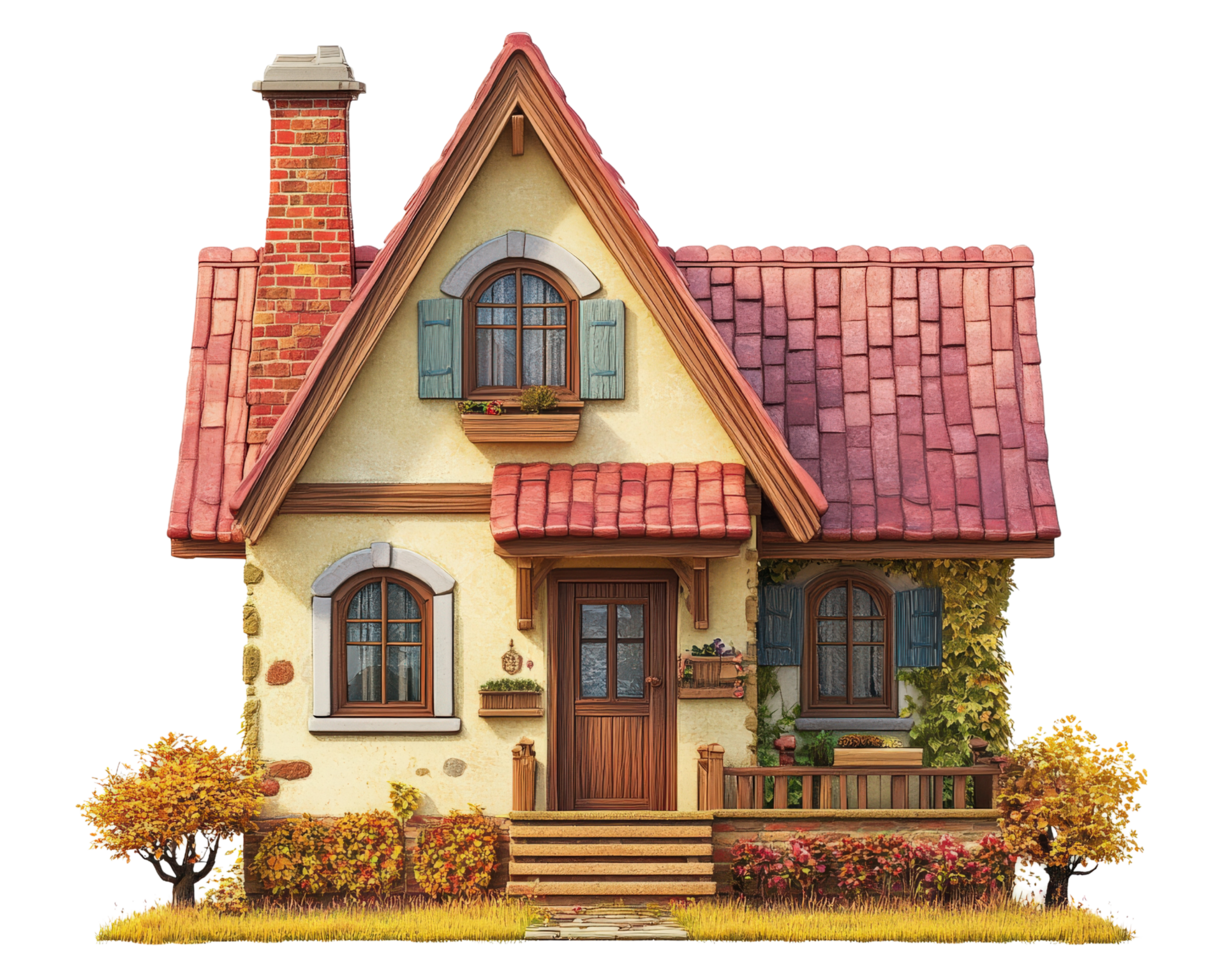 A small house with a red roof and a porch png
