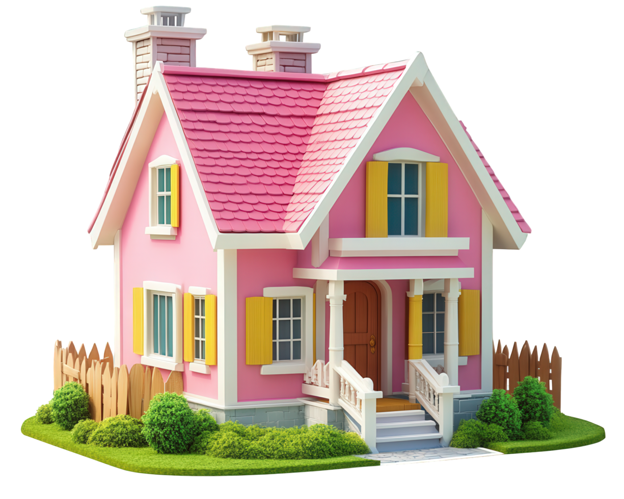 A pink house with a yellow roof and a fence png