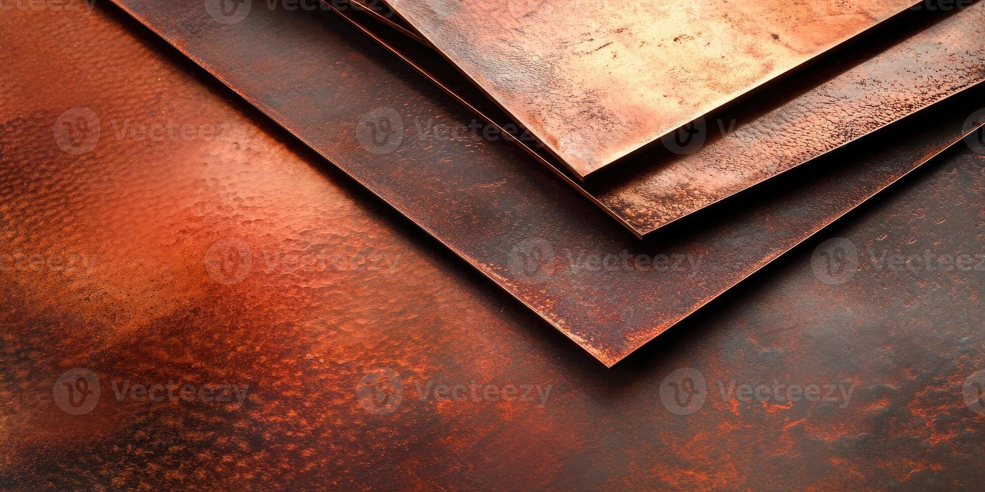 Abstract texture of overlapping copper sheets with rusty patina finish photo