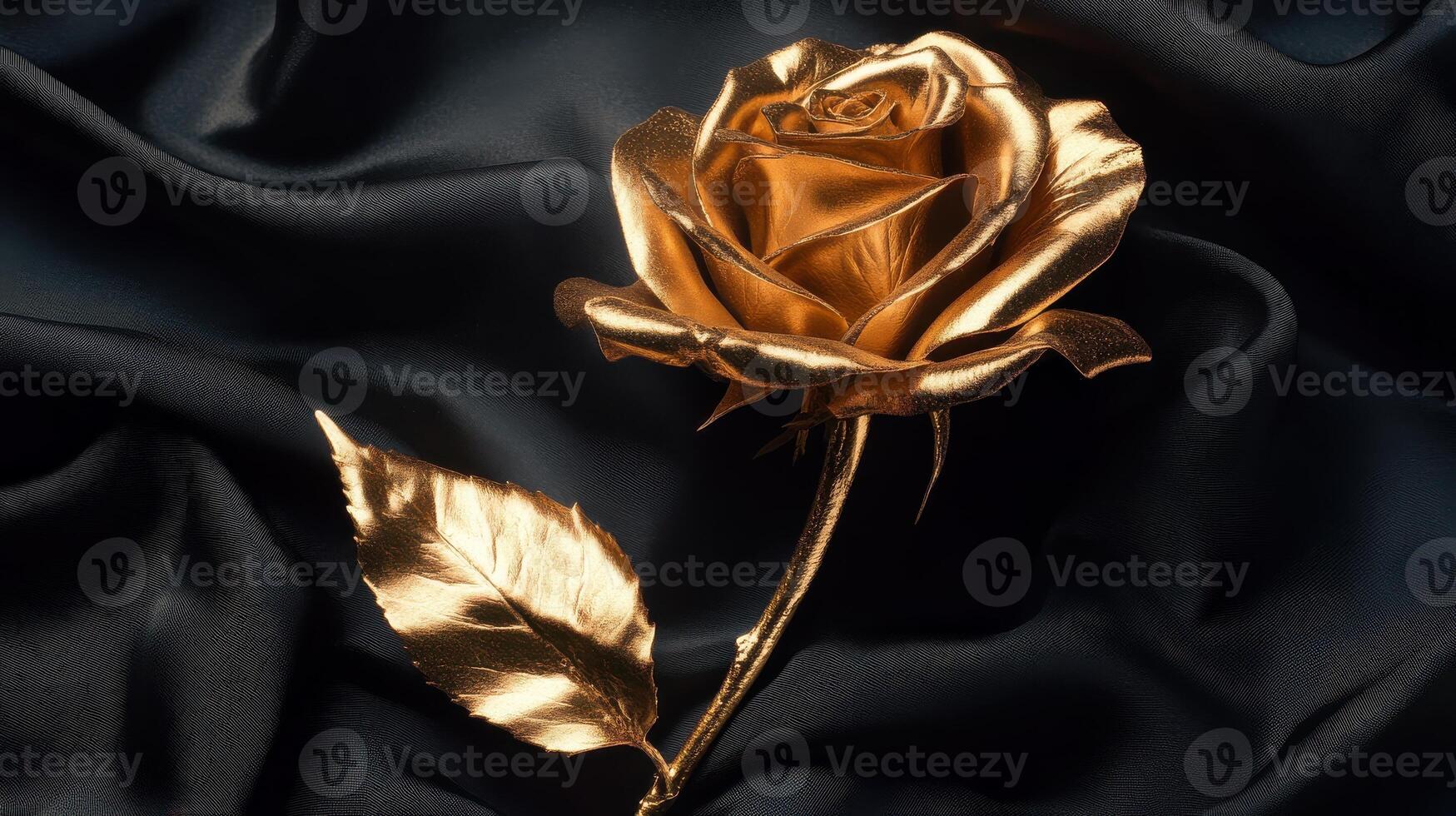 Golden rose on black silk fabric symbolizes luxury and elegance in exquisite detail photo