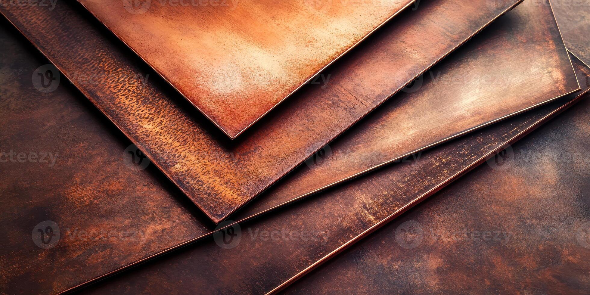 Abstract composition of copper sheets with textured surface patterns and warm tones photo