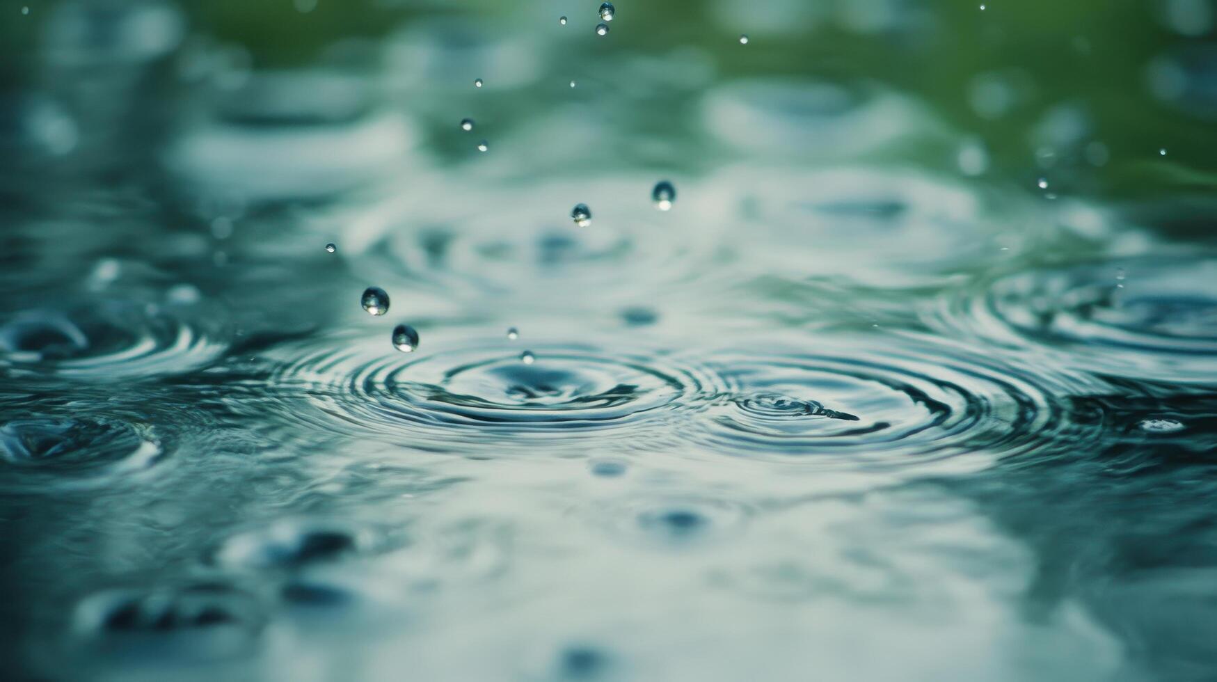 Close-up of water droplets creating ripples on a calm surface with green background photo