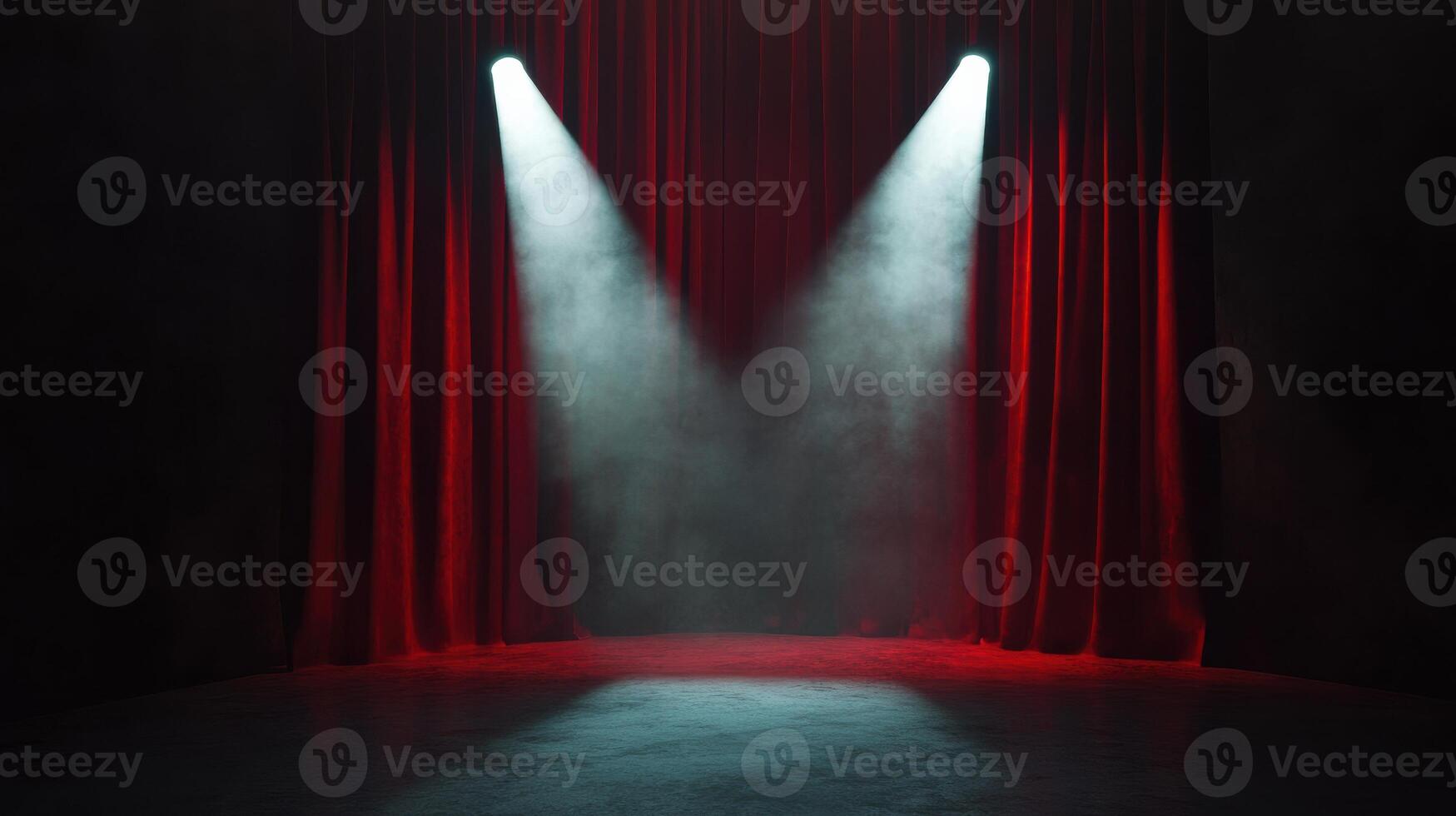 Dramatic stage with red curtains and bright spotlights creating a mysterious atmosphere photo