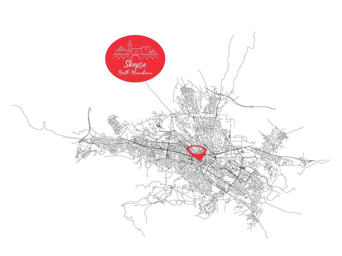 Skopje capital city of North Macedonia,Urban Streets Roads Map with city center location pin, illustration element image vector