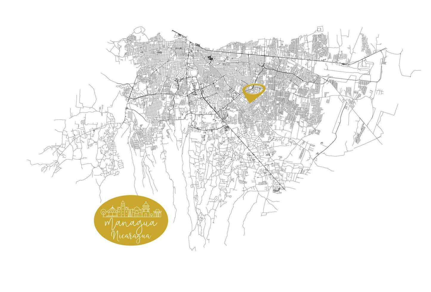 Managua capital city of Nicaragua,Urban Streets Roads Map with city center location pin, illustration element image vector