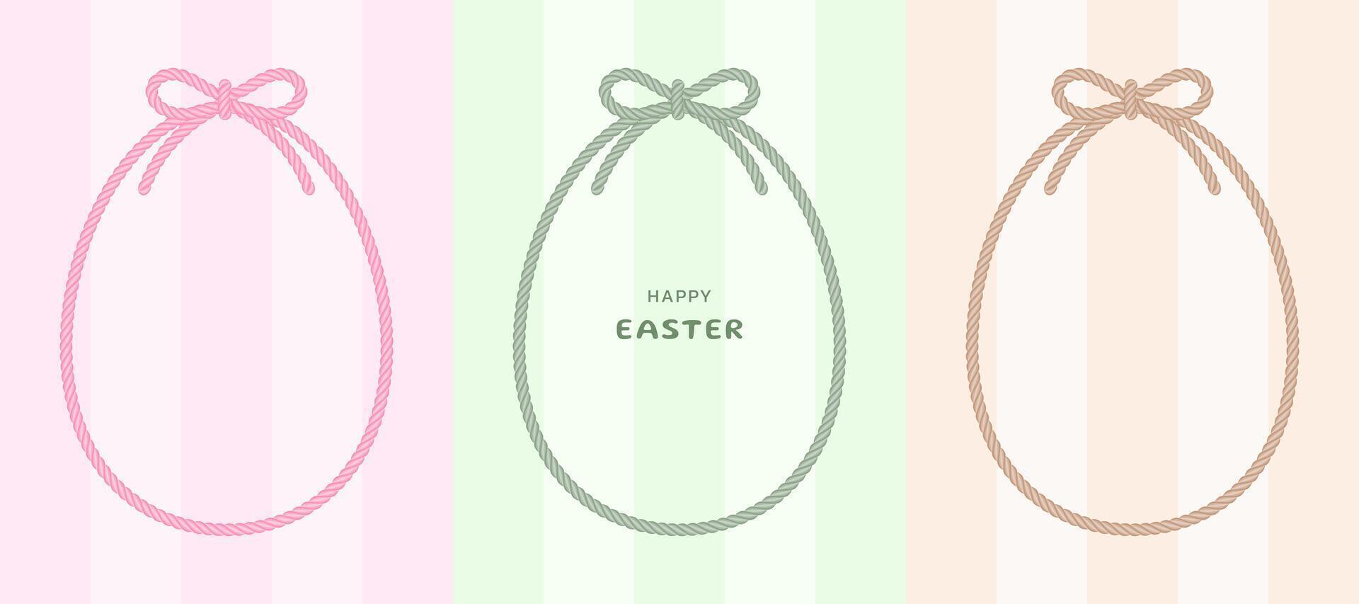 Easter rope frame with bow on pastel stripes background. Cute egg-shaped string line with pink, green, and brown borders for cards, invitations, banners, labels, gift tags, and more. vector