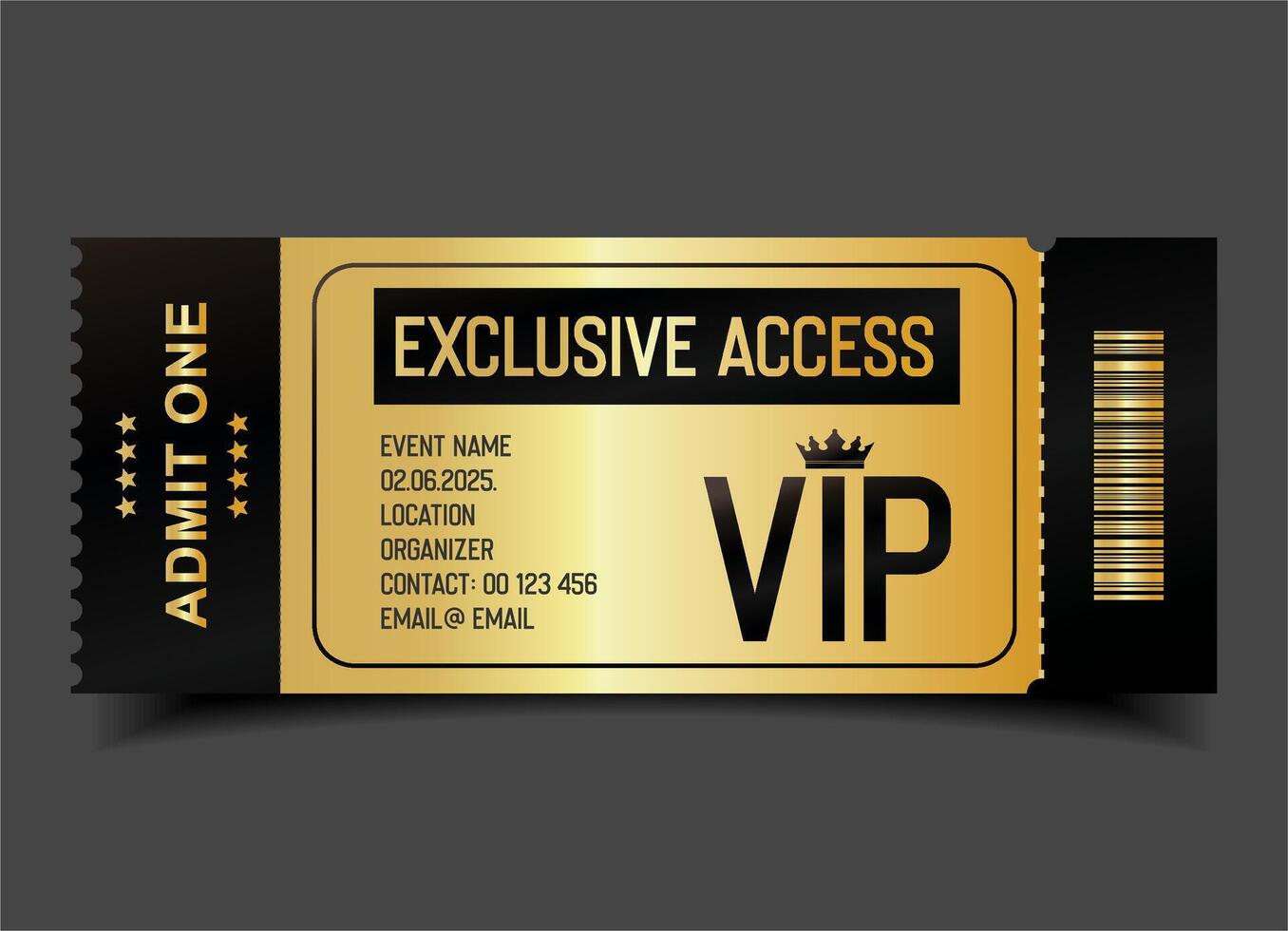 Concert, party gold VIP full pass design template admit design template vector