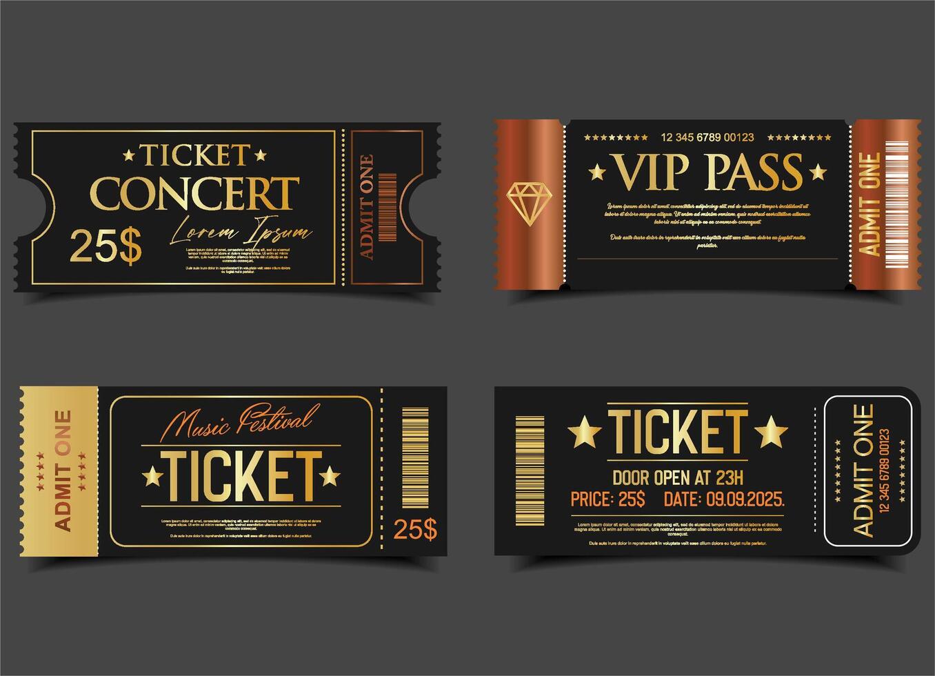 Concert, party or festival gold and black ticket design template admit one ticket vector
