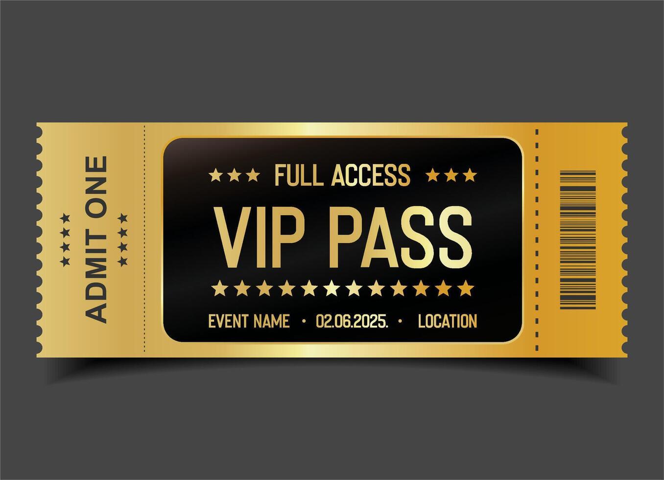 Concert, party or festival gold VIP pass design template admit design template vector