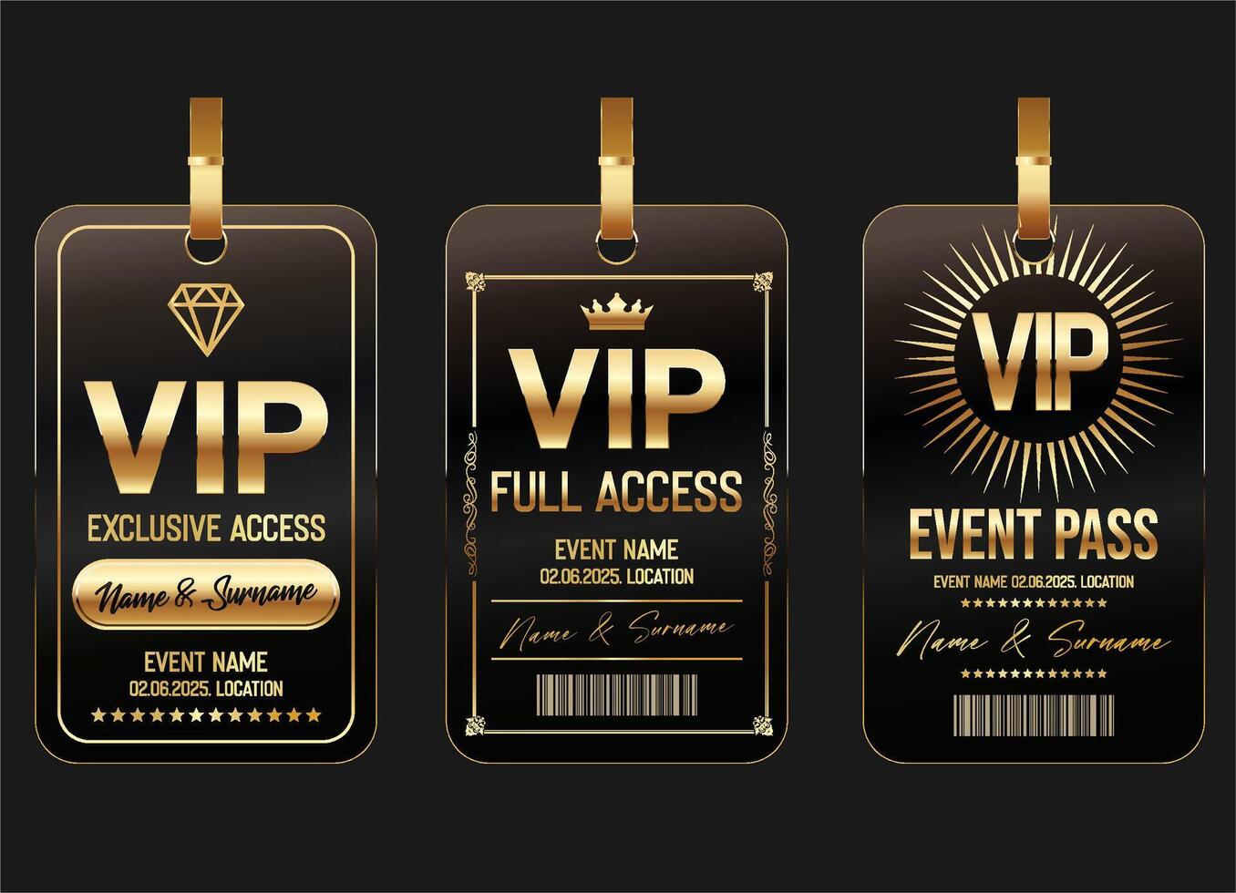 Concert, party or festival gold VIP event pass design template admit design template vector