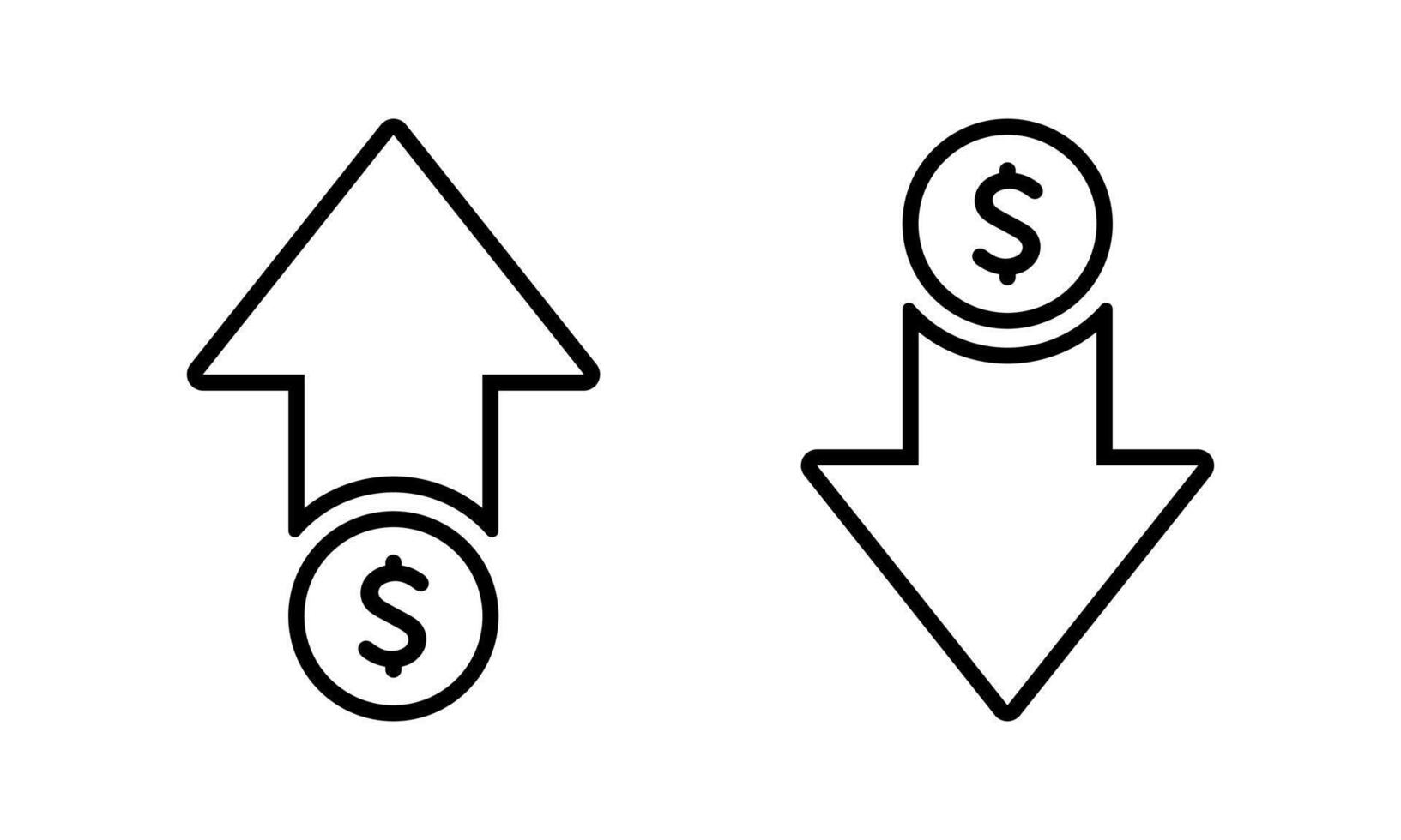 Dollar price up and down outline icon. USD coin growth and decline sign symbol vector