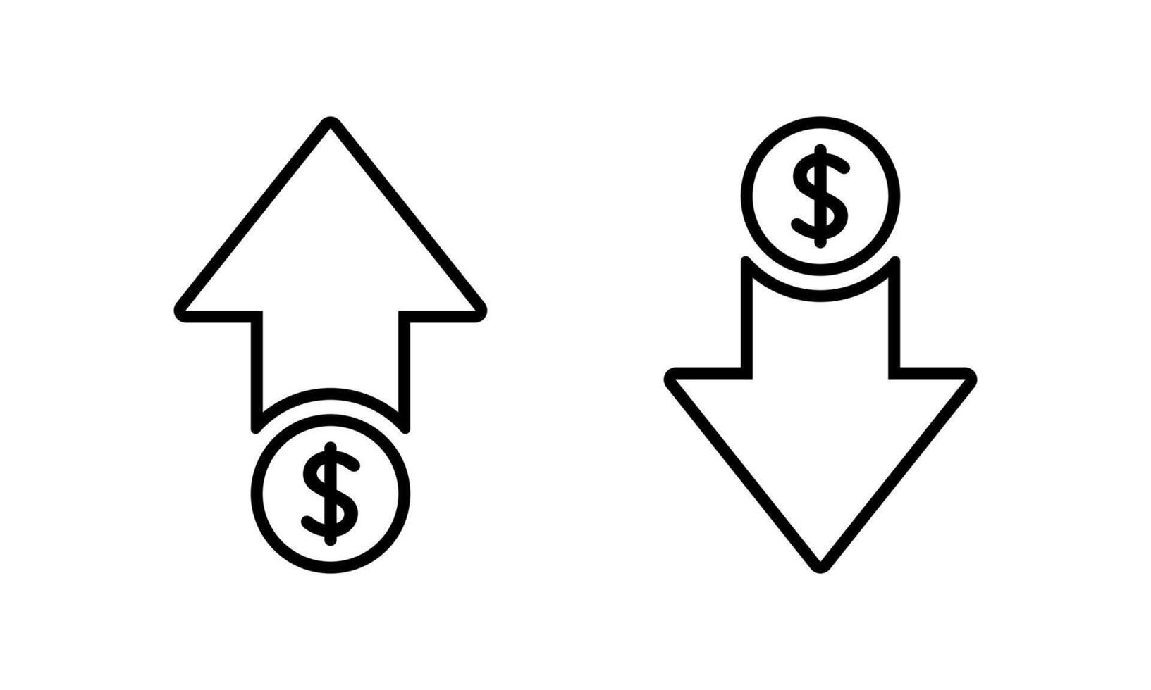 Dollar price up and down outline icon isolated on white background. USD coin growth and decline sign symbol vector