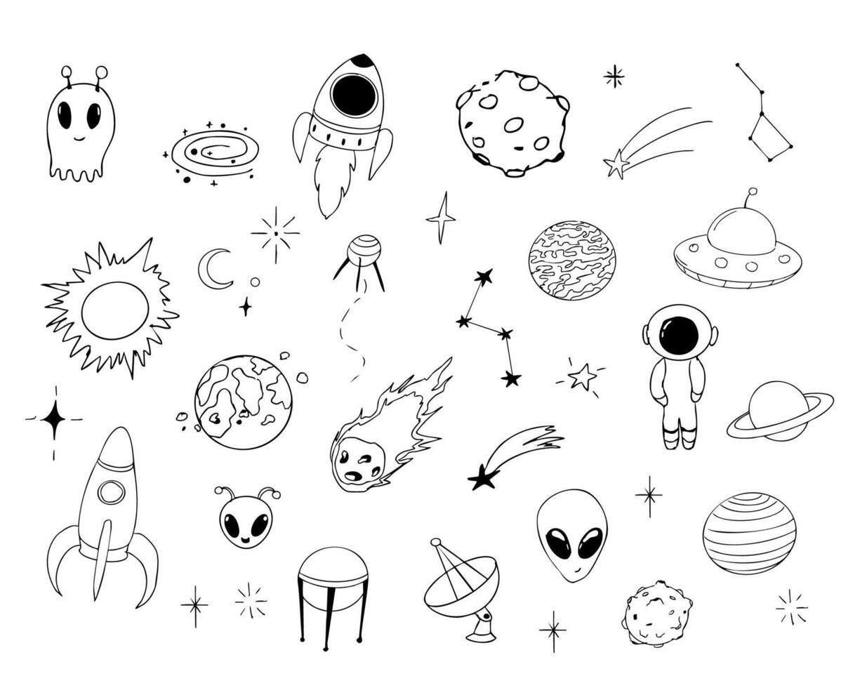Space set with alien, meteor, planets and spaceship line sketch hand drawn illustration. Set cosmic doodle elements. vector