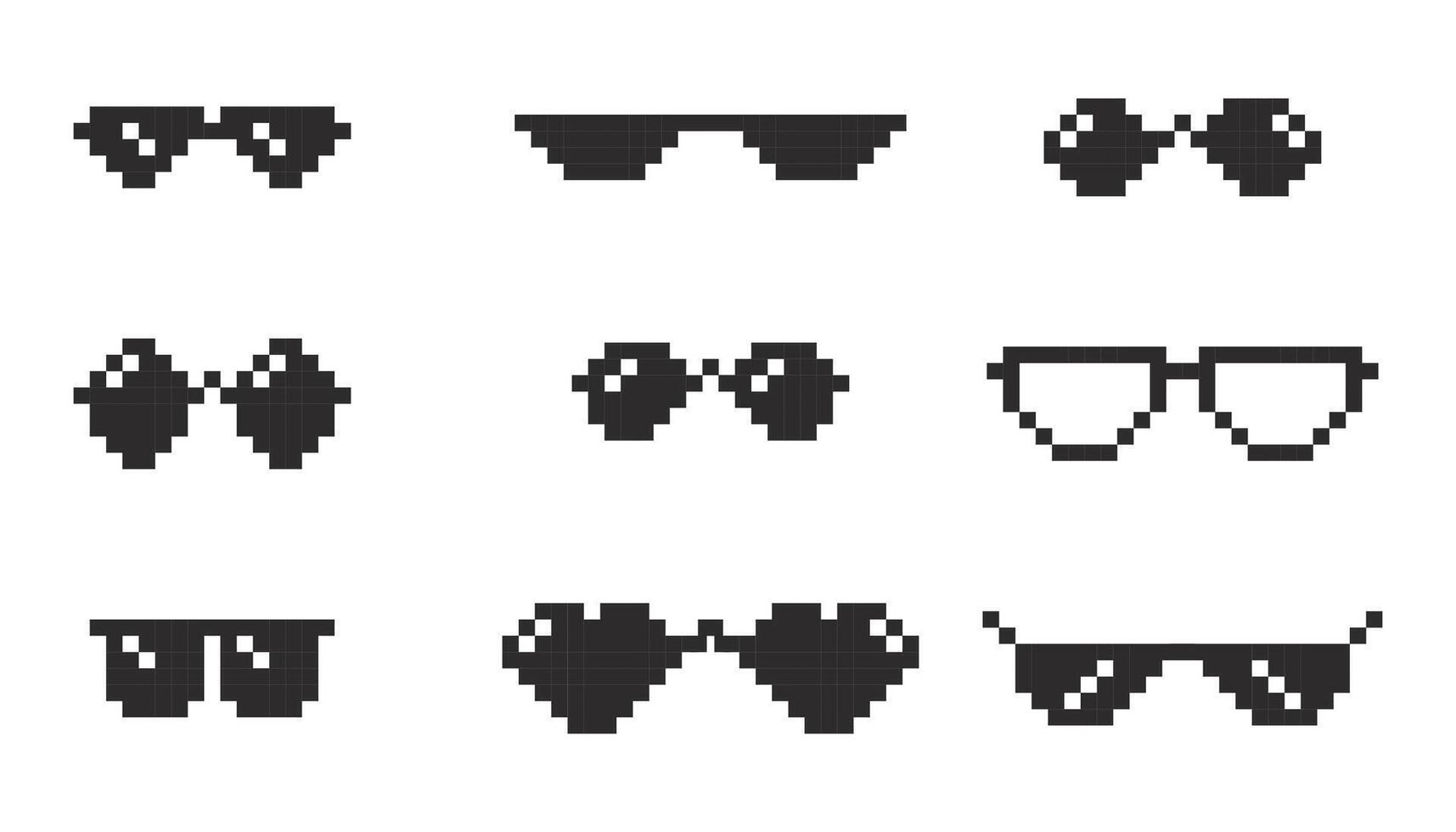 Pixel glasses 8 bit y2k, sunglasses. Meme icon, googgles. Mafia meme prank funny black hipster eyeglasses for gangster vector