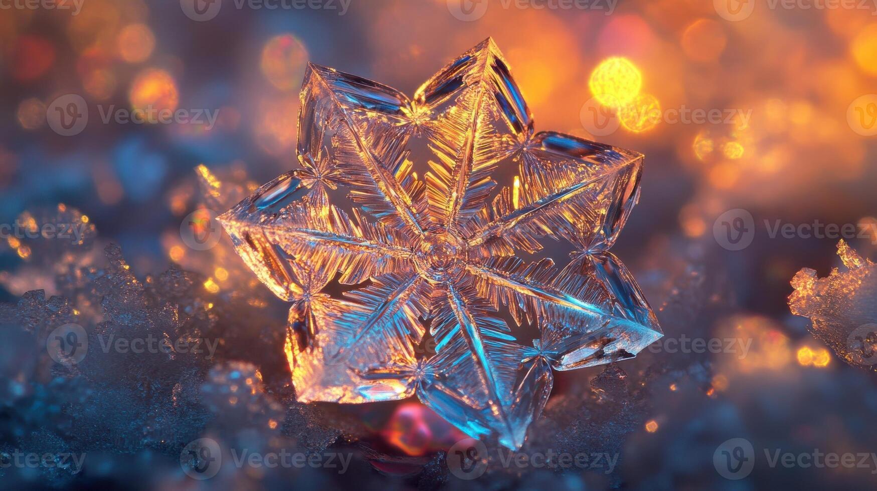 Close-up of glittering snowflake with vibrant bokeh lights in background reflecting winter beauty photo