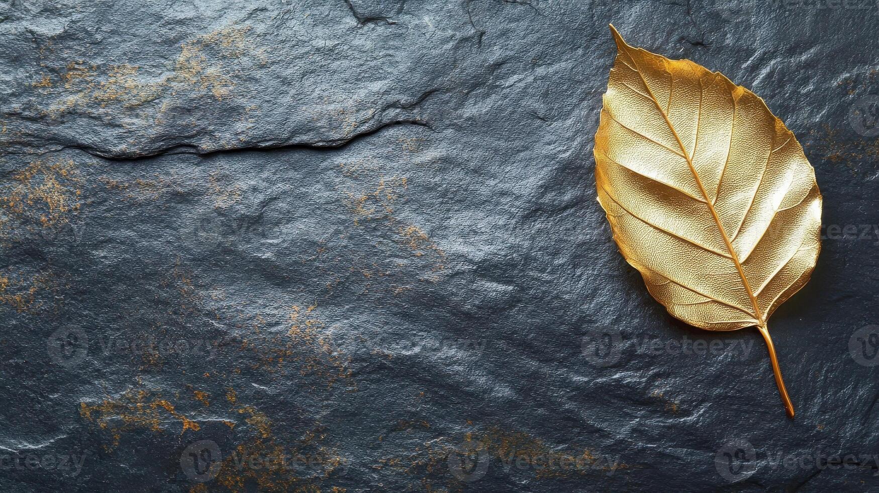 Golden leaf on dark slate stone surface reflecting autumn elegance concept photo