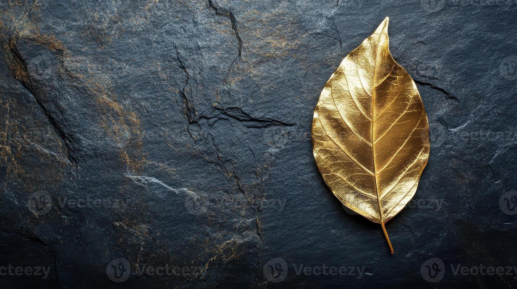 Golden leaf on dark slate surface symbolizing elegance and luxury concept photo