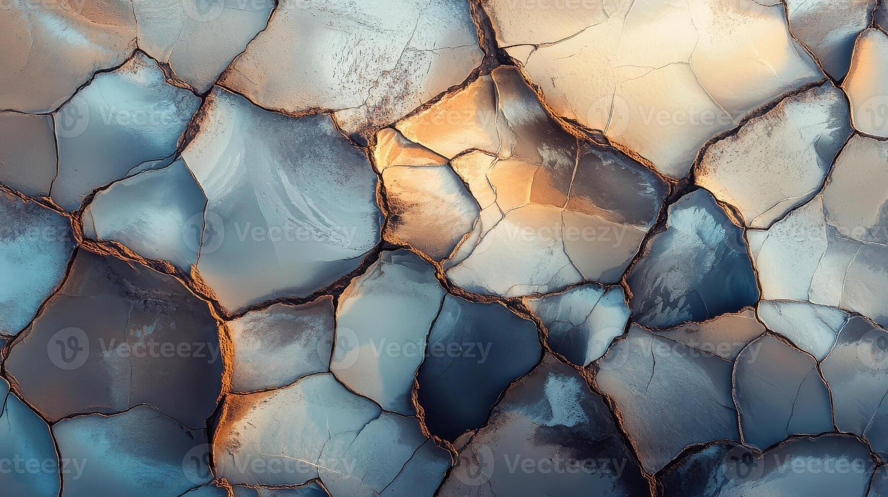 Cracked earth texture with abstract patterns highlighted by soft sunlight photo