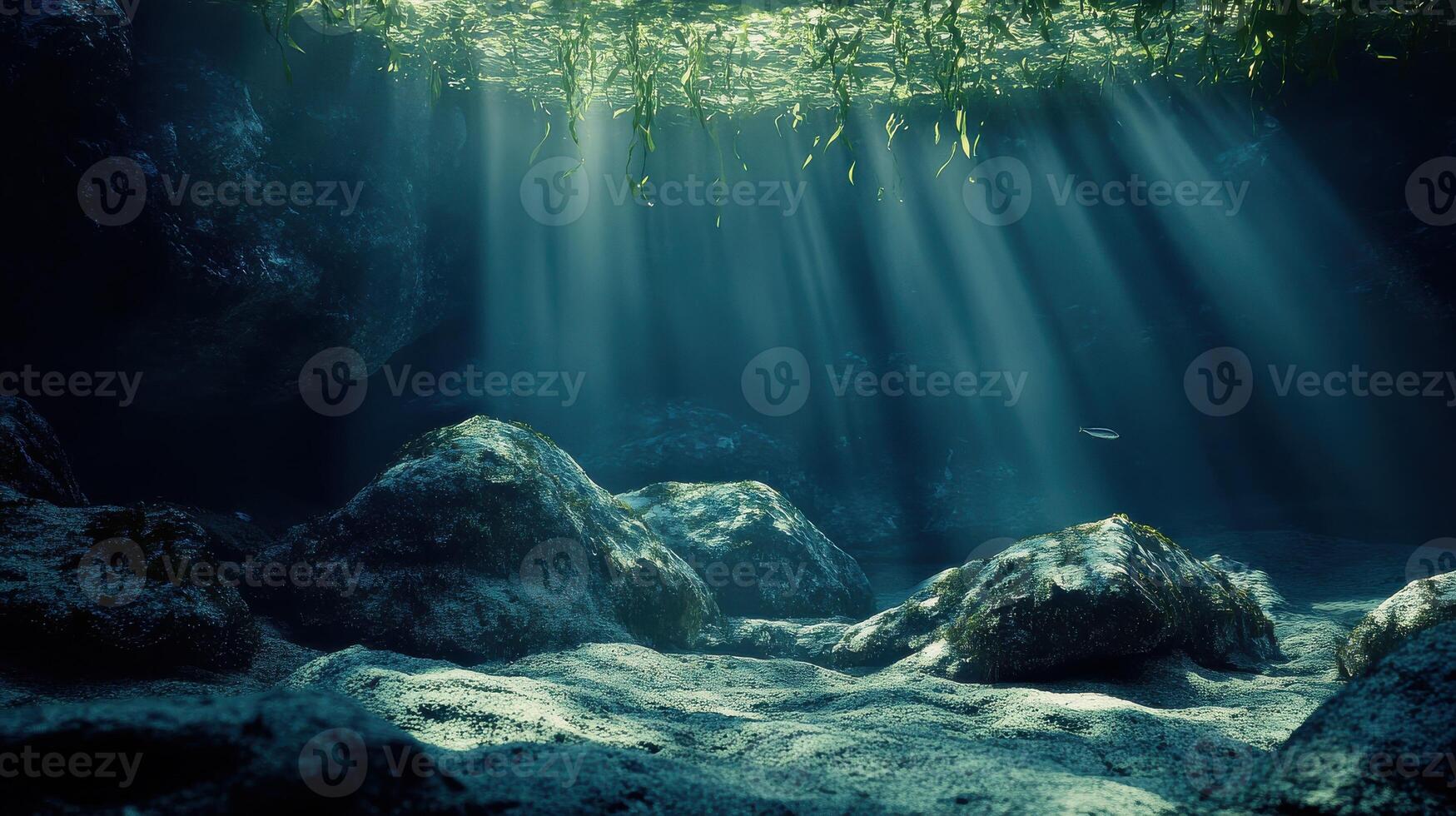 Sunlight streaming through underwater cave creates a serene and enchanting atmosphere photo