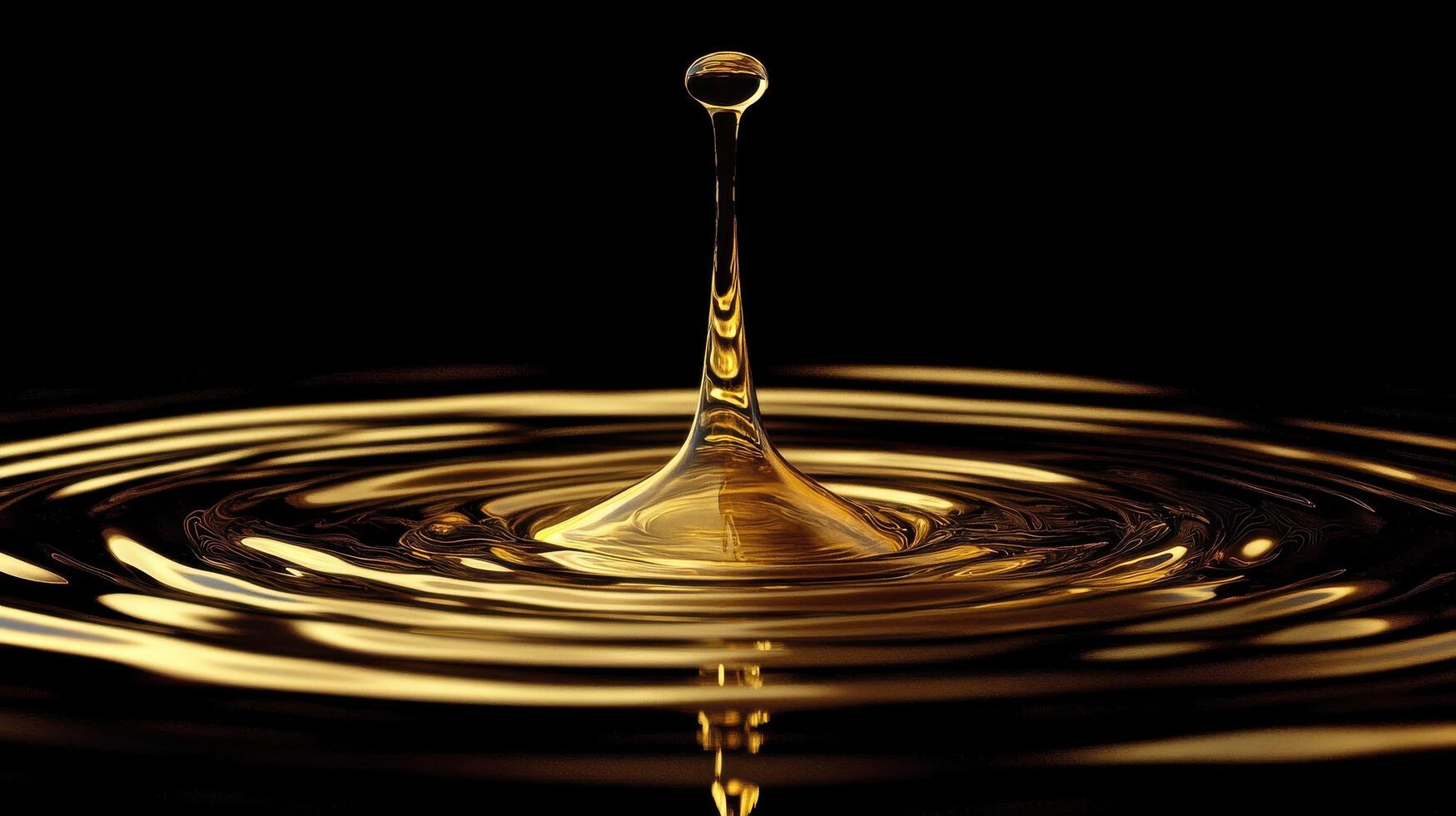 Golden liquid drop creating ripple effect on a glossy surface captured in mid-air photo